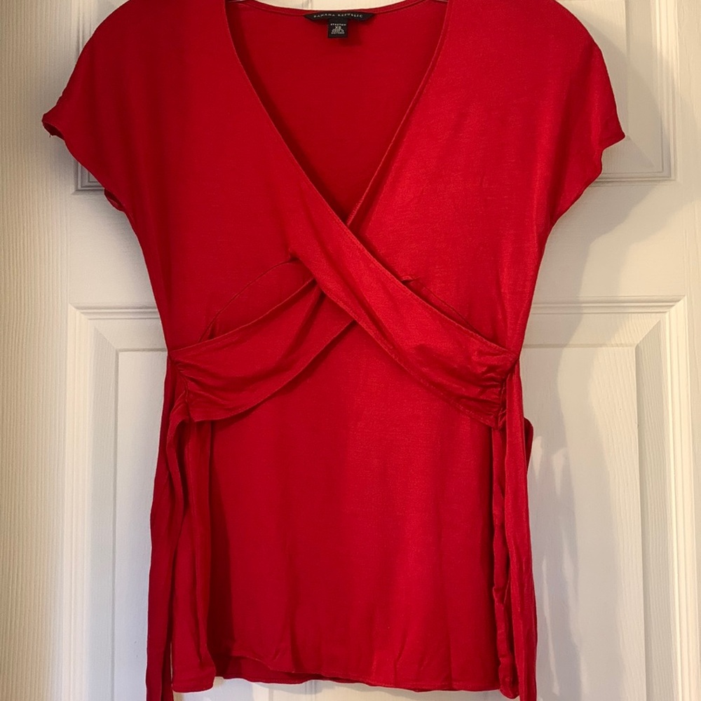 Banana Republic Red Wrap-Style Short Sleeve Top